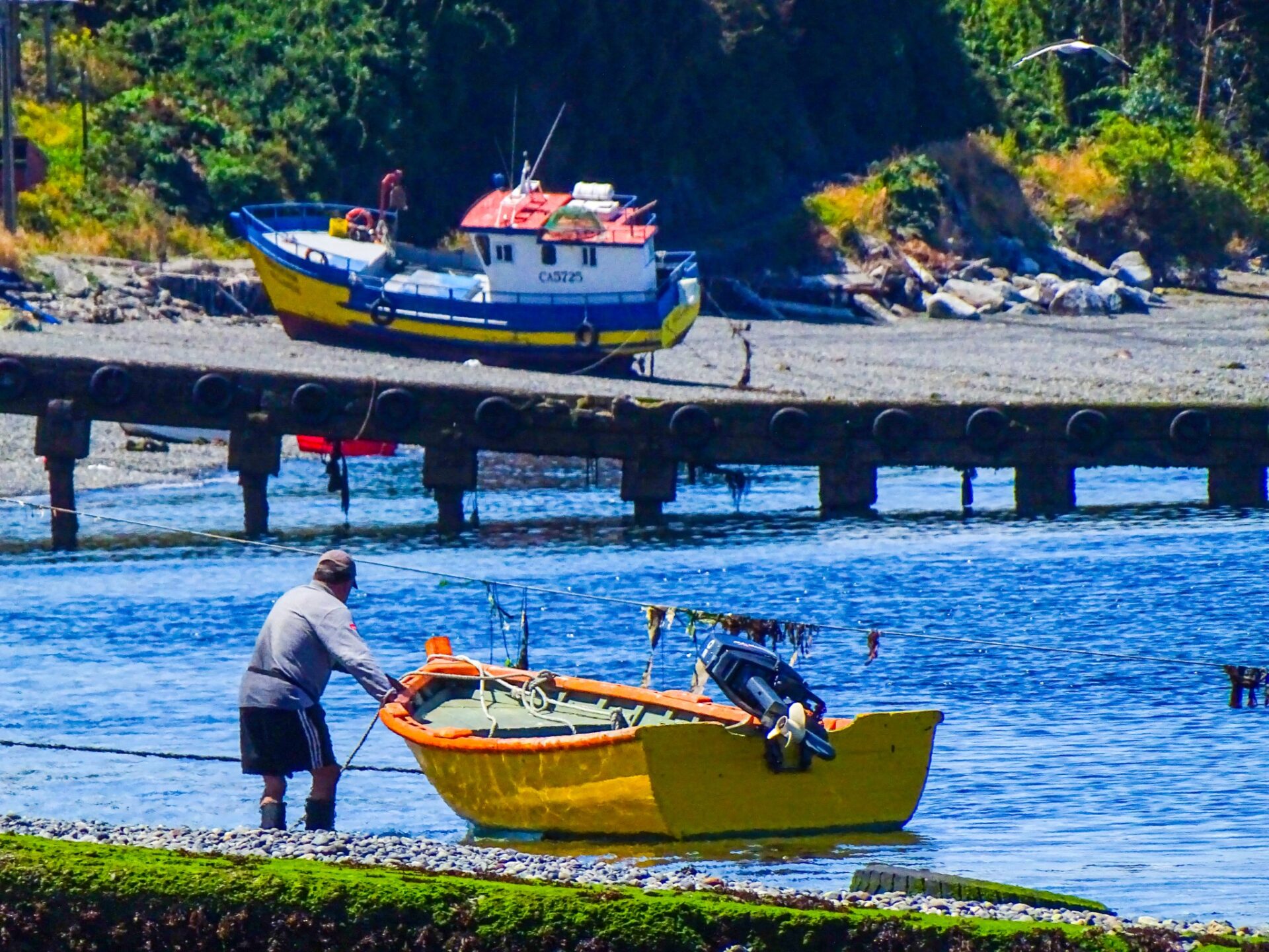 Fisherman preparing a small boat along the shoreline in Tenaún, Chiloé Island, Chile