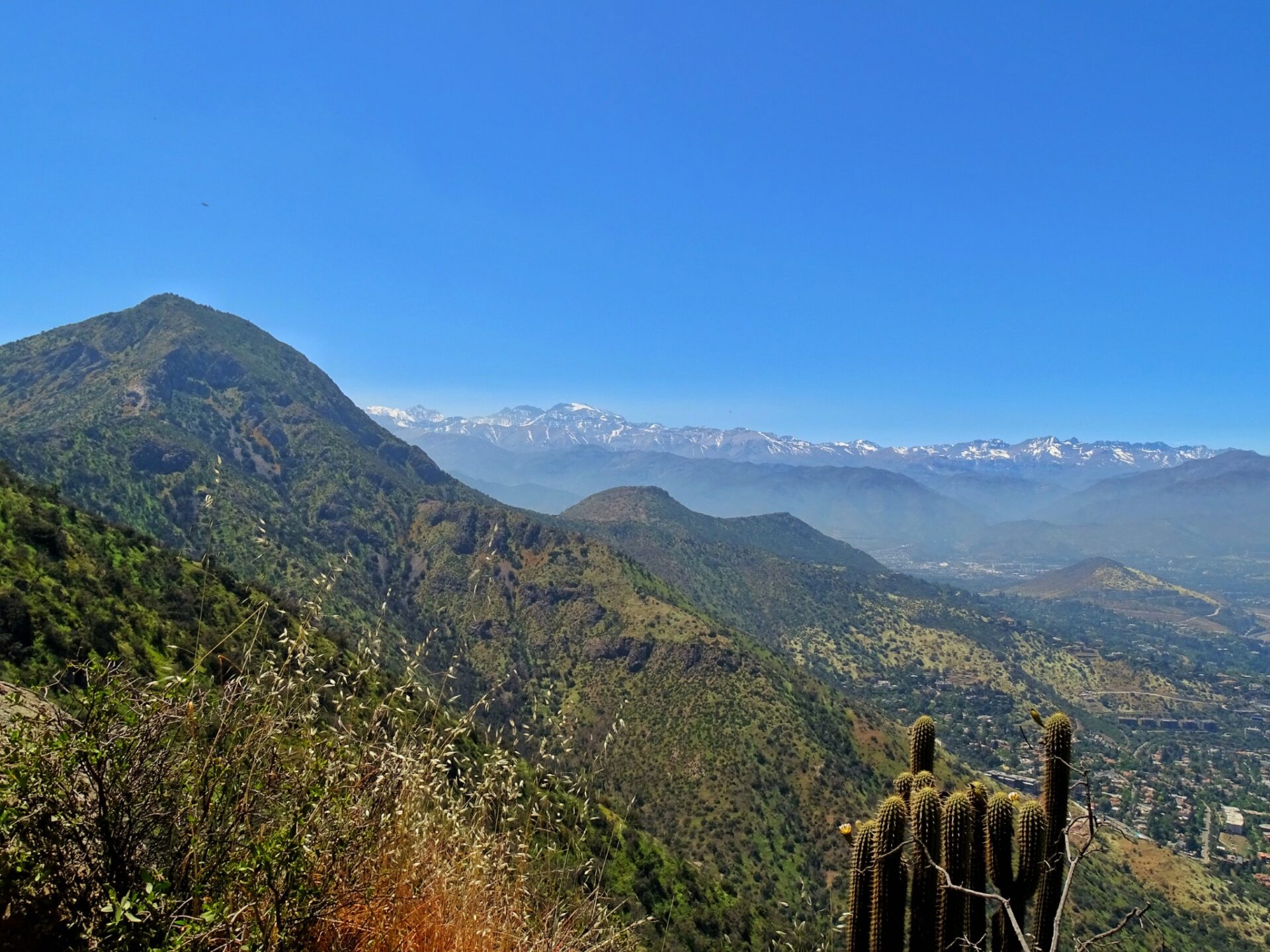 Panoramic view from Cerro Carbón overlooking the Santiago Valley, with rugged foothills, native vegetation, and the snow-capped Andes Mountains in the distance